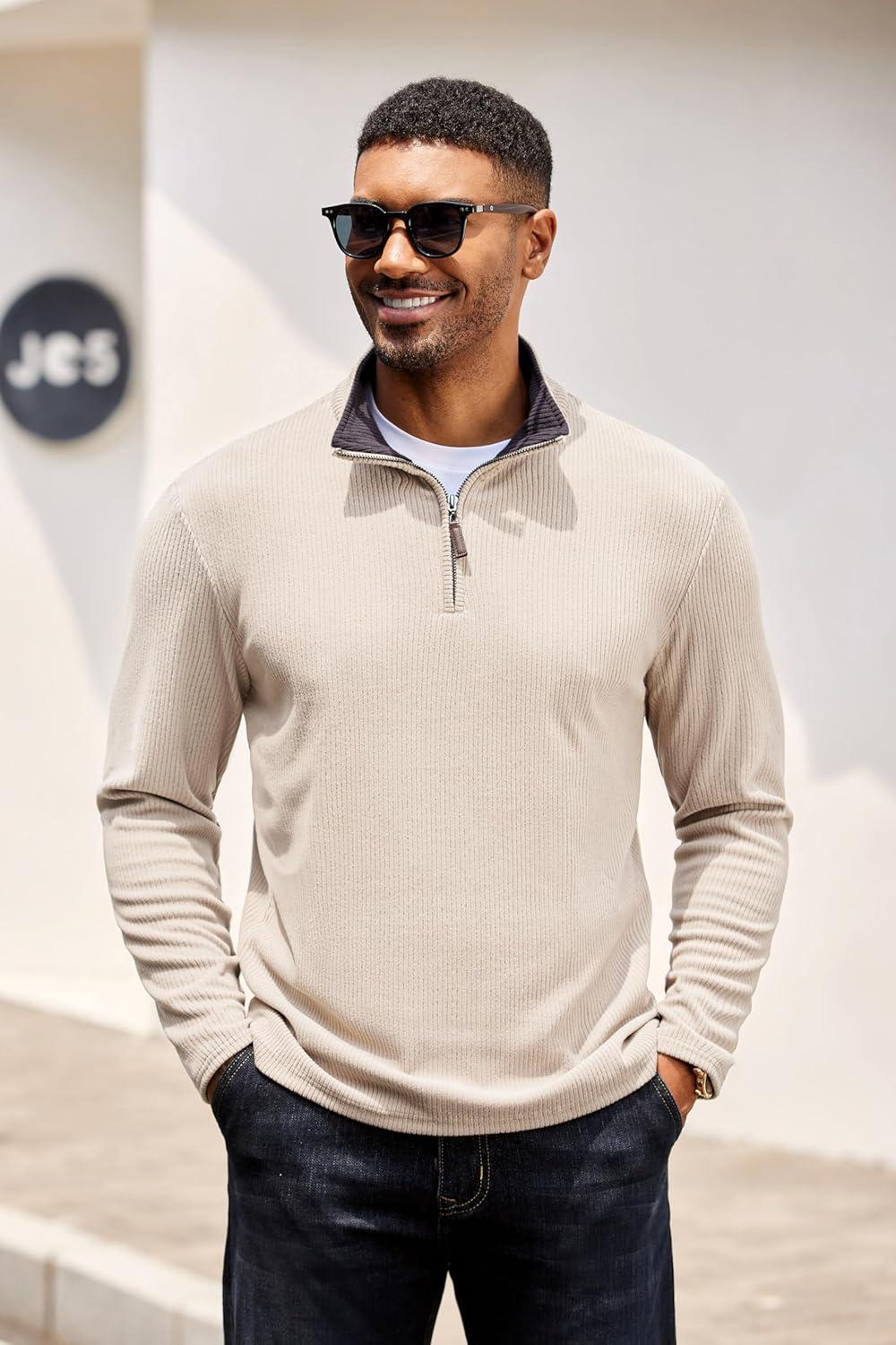 imageCOOFANDY Mens Quarter Zip Pullover Lightweight Sweater Casual Long Sleeve Corduroy Half Zip SweatshirtBeige