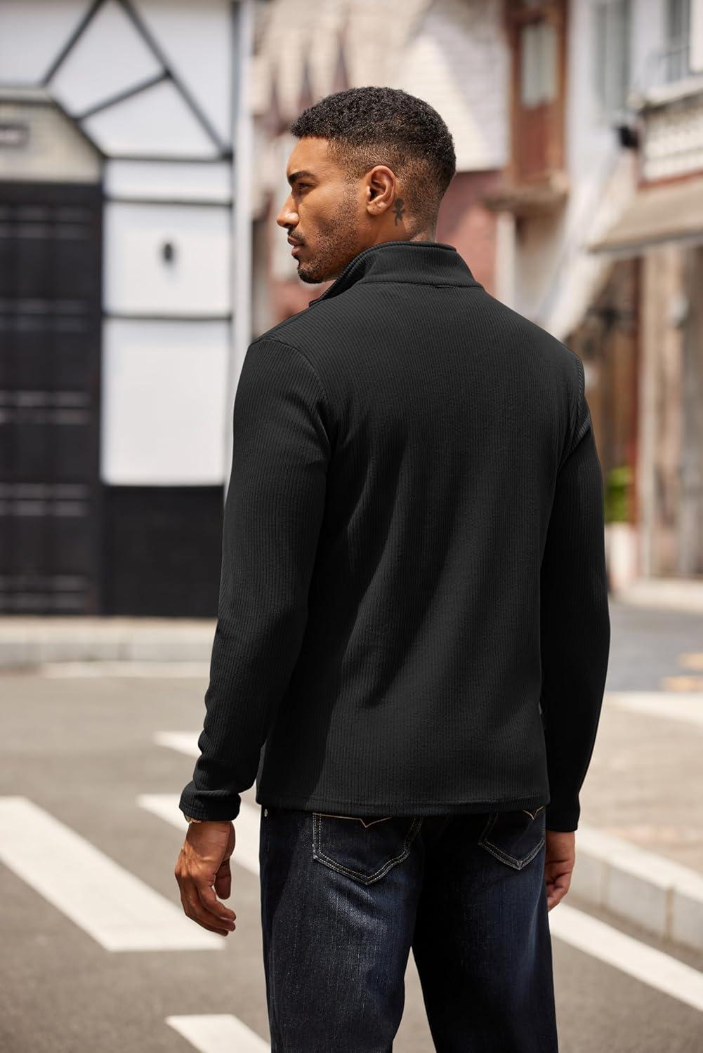 imageCOOFANDY Mens Quarter Zip Pullover Lightweight Sweater Casual Long Sleeve Corduroy Half Zip SweatshirtBlack
