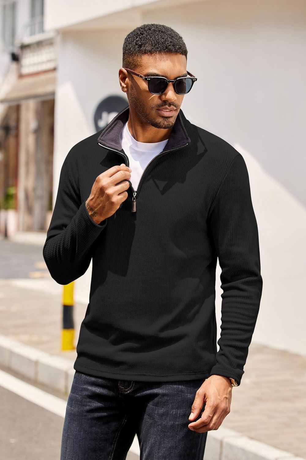 imageCOOFANDY Mens Quarter Zip Pullover Lightweight Sweater Casual Long Sleeve Corduroy Half Zip SweatshirtBlack