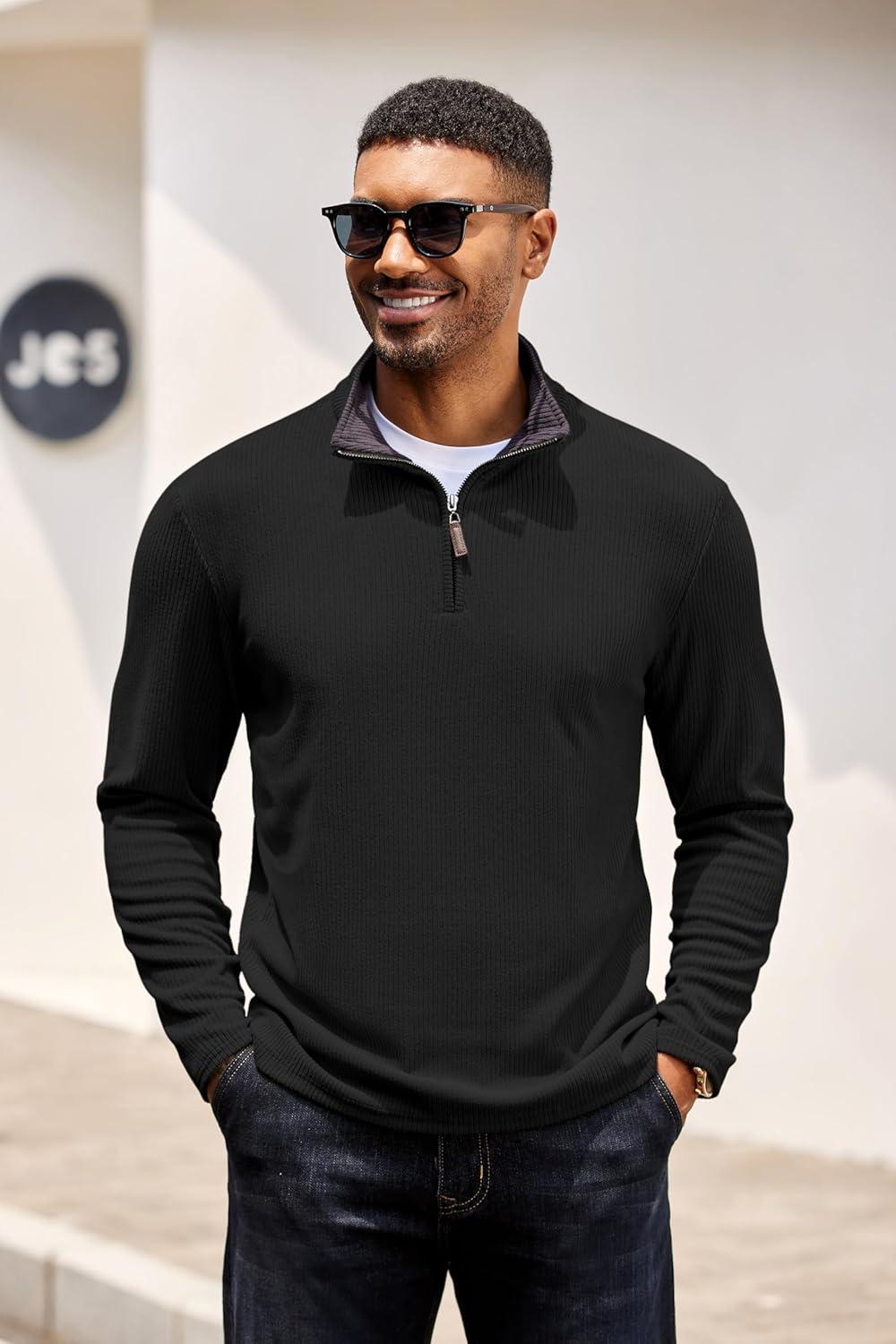 imageCOOFANDY Mens Quarter Zip Pullover Lightweight Sweater Casual Long Sleeve Corduroy Half Zip SweatshirtBlack