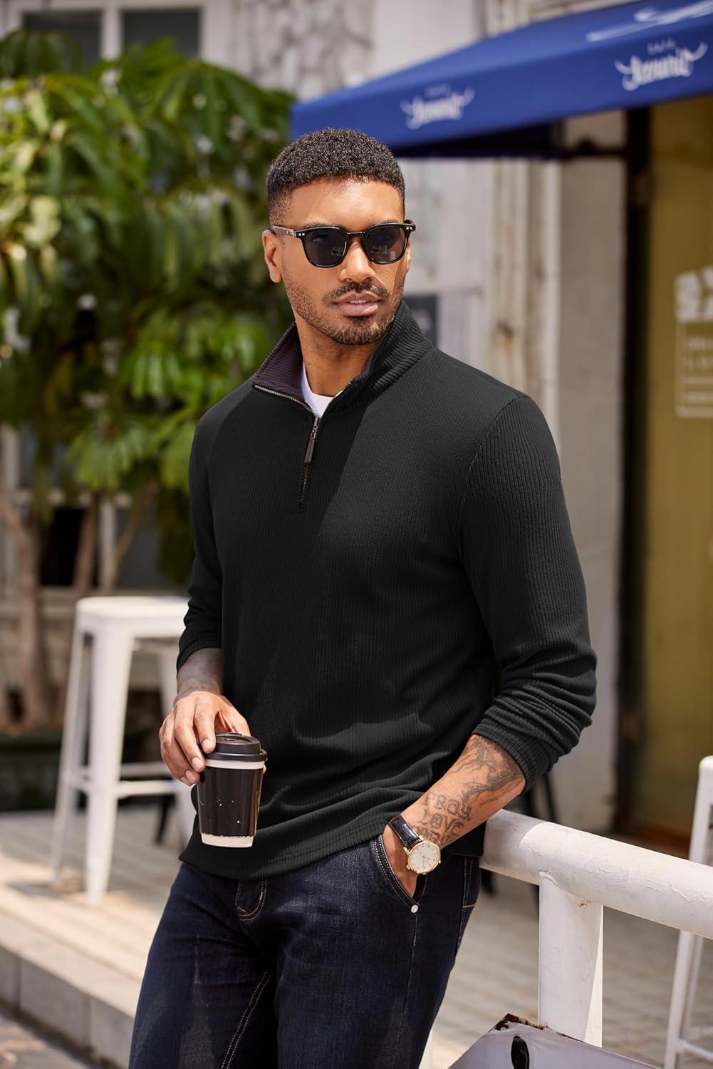 imageCOOFANDY Mens Quarter Zip Pullover Lightweight Sweater Casual Long Sleeve Corduroy Half Zip SweatshirtBlack