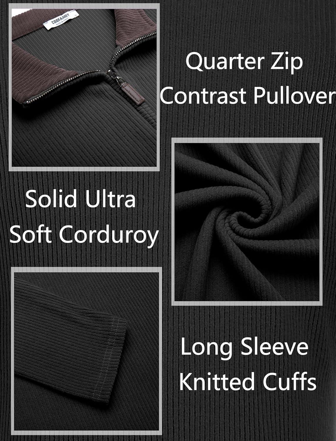 imageCOOFANDY Mens Quarter Zip Pullover Lightweight Sweater Casual Long Sleeve Corduroy Half Zip SweatshirtBlack