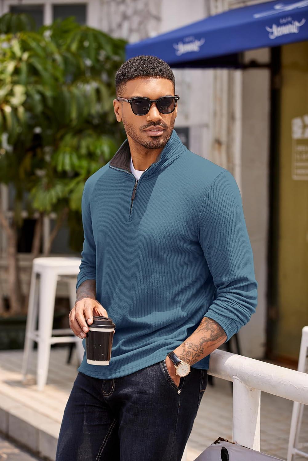 imageCOOFANDY Mens Quarter Zip Pullover Lightweight Sweater Casual Long Sleeve Corduroy Half Zip SweatshirtDark Blue