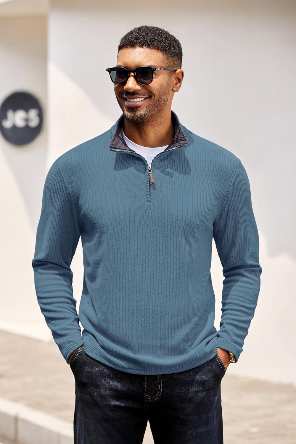 imageCOOFANDY Mens Quarter Zip Pullover Lightweight Sweater Casual Long Sleeve Corduroy Half Zip SweatshirtDark Blue