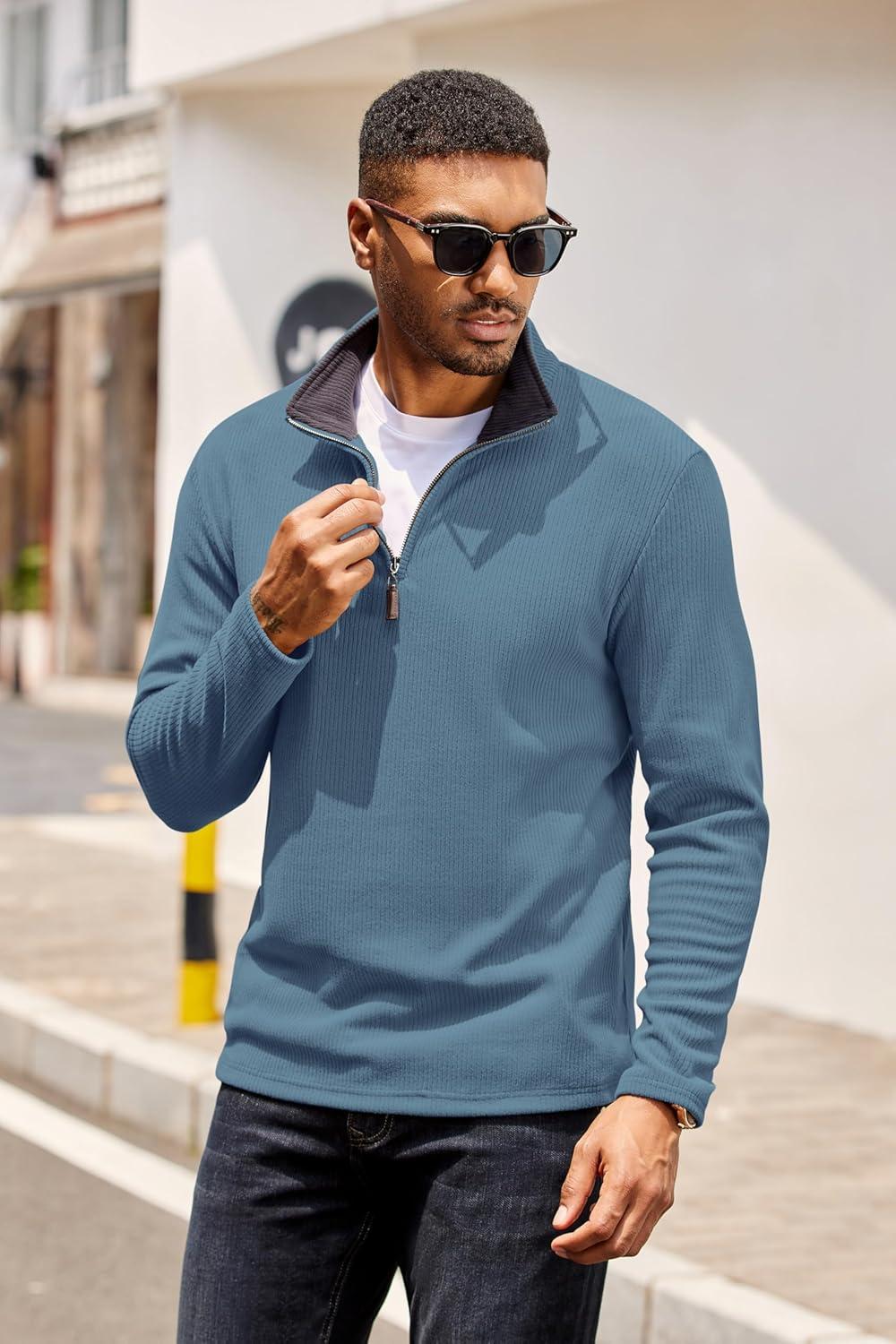imageCOOFANDY Mens Quarter Zip Pullover Lightweight Sweater Casual Long Sleeve Corduroy Half Zip SweatshirtDark Blue