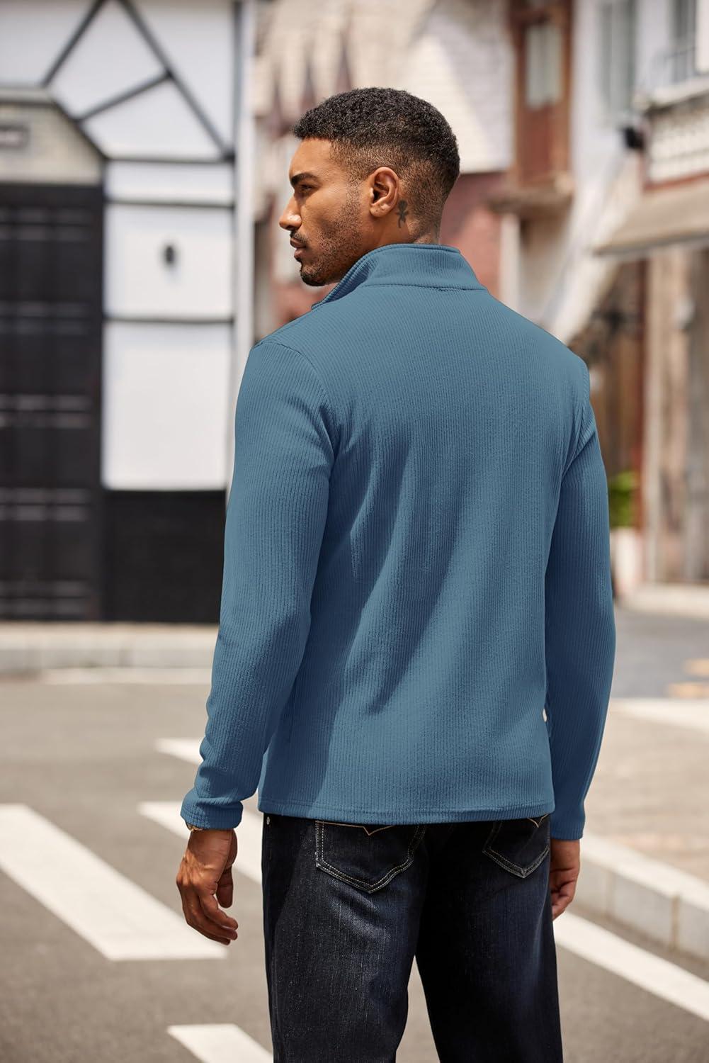 imageCOOFANDY Mens Quarter Zip Pullover Lightweight Sweater Casual Long Sleeve Corduroy Half Zip SweatshirtDark Blue