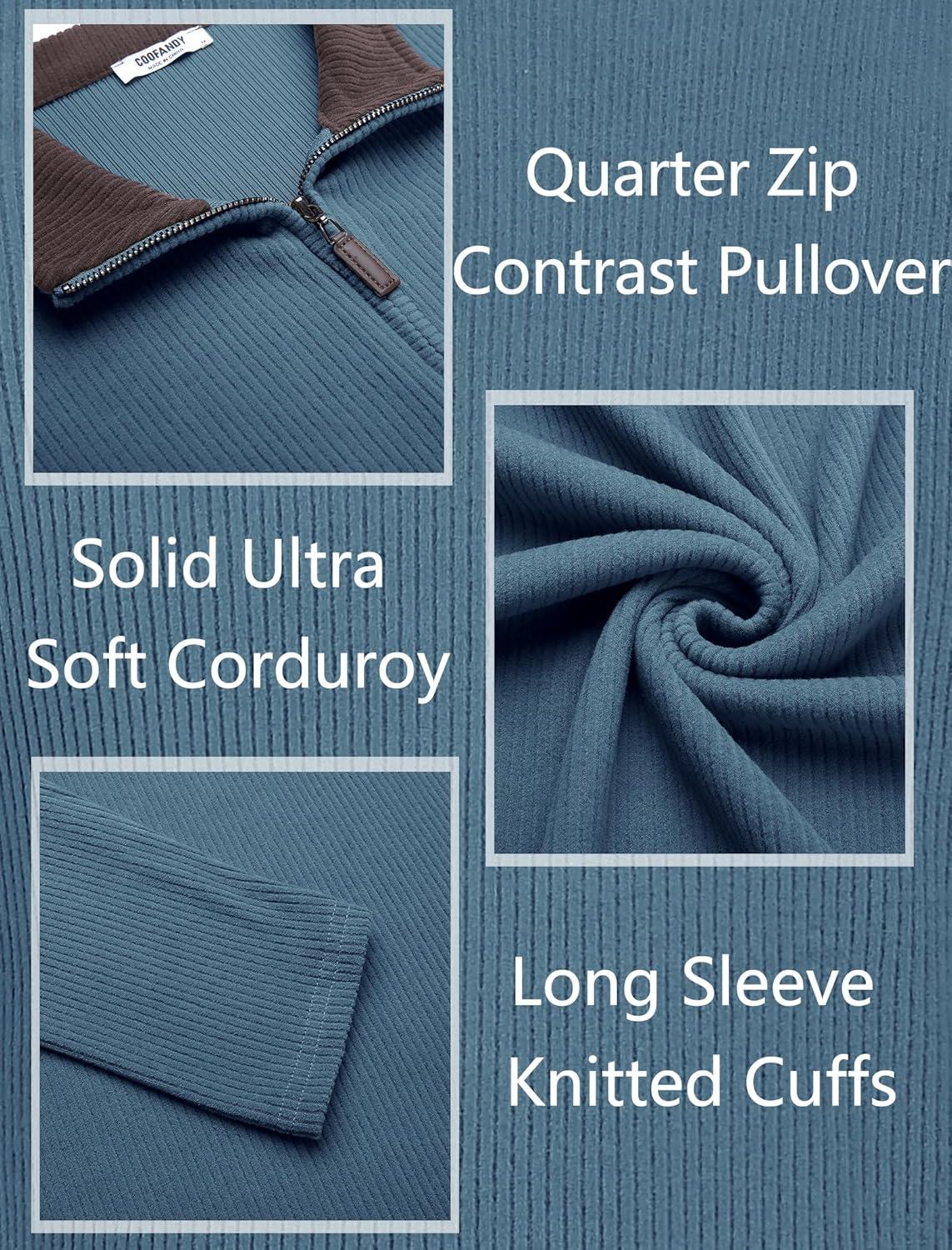 imageCOOFANDY Mens Quarter Zip Pullover Lightweight Sweater Casual Long Sleeve Corduroy Half Zip SweatshirtDark Blue