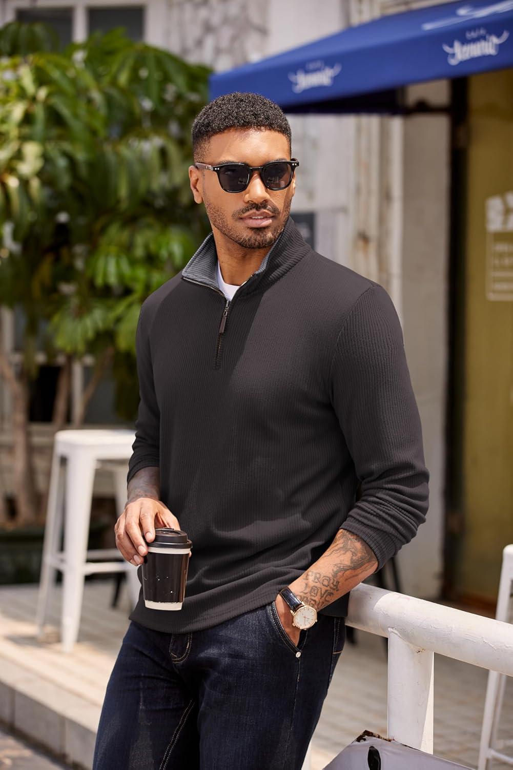 imageCOOFANDY Mens Quarter Zip Pullover Lightweight Sweater Casual Long Sleeve Corduroy Half Zip SweatshirtDark Grey