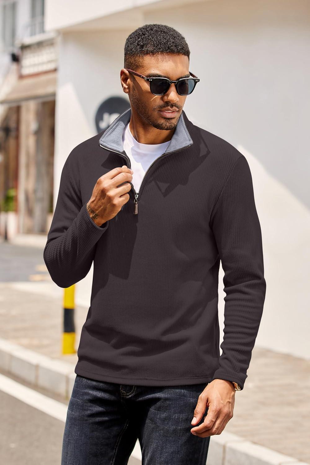 imageCOOFANDY Mens Quarter Zip Pullover Lightweight Sweater Casual Long Sleeve Corduroy Half Zip SweatshirtDark Grey