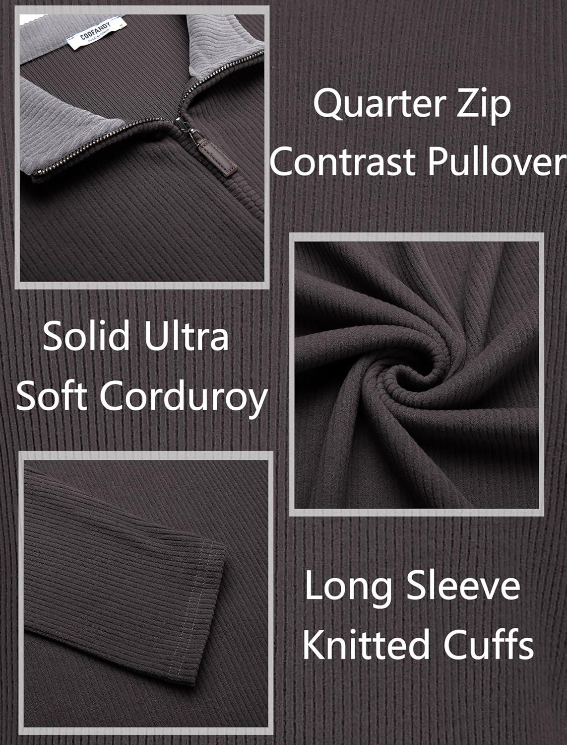 imageCOOFANDY Mens Quarter Zip Pullover Lightweight Sweater Casual Long Sleeve Corduroy Half Zip SweatshirtDark Grey