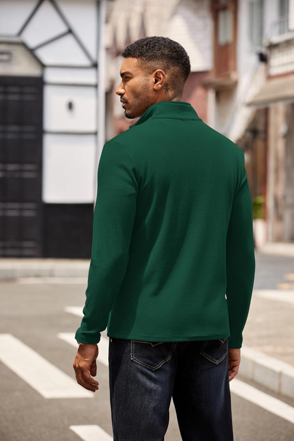imageCOOFANDY Mens Quarter Zip Pullover Lightweight Sweater Casual Long Sleeve Corduroy Half Zip SweatshirtEver Green