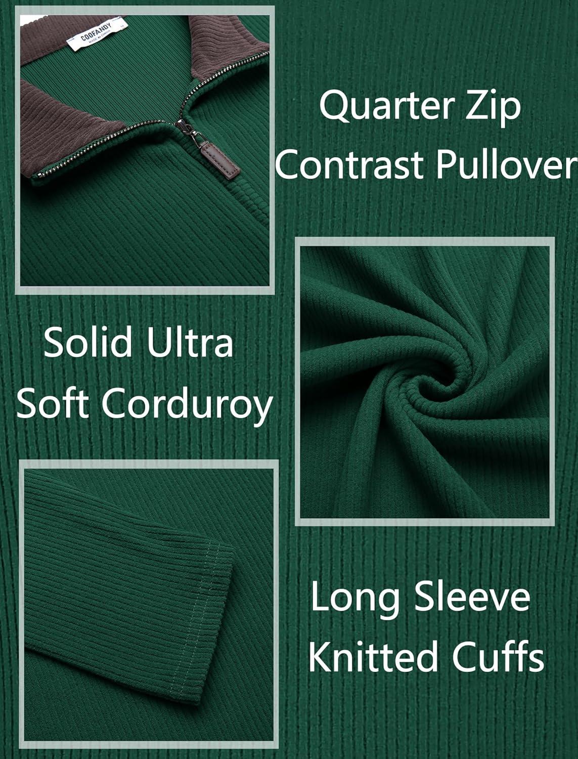 imageCOOFANDY Mens Quarter Zip Pullover Lightweight Sweater Casual Long Sleeve Corduroy Half Zip SweatshirtEver Green