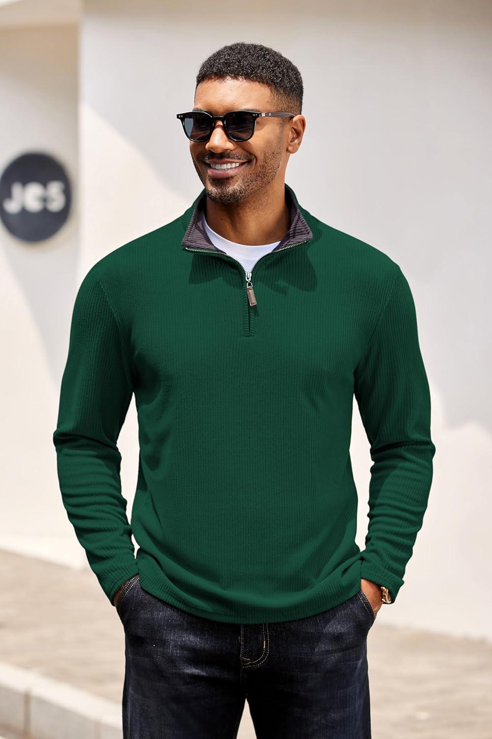 imageCOOFANDY Mens Quarter Zip Pullover Lightweight Sweater Casual Long Sleeve Corduroy Half Zip SweatshirtEver Green