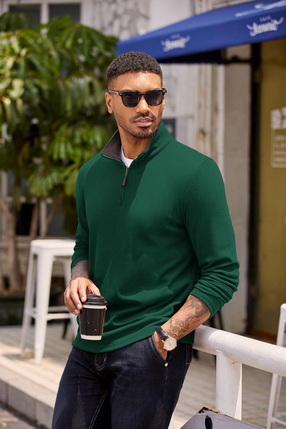 imageCOOFANDY Mens Quarter Zip Pullover Lightweight Sweater Casual Long Sleeve Corduroy Half Zip SweatshirtEver Green
