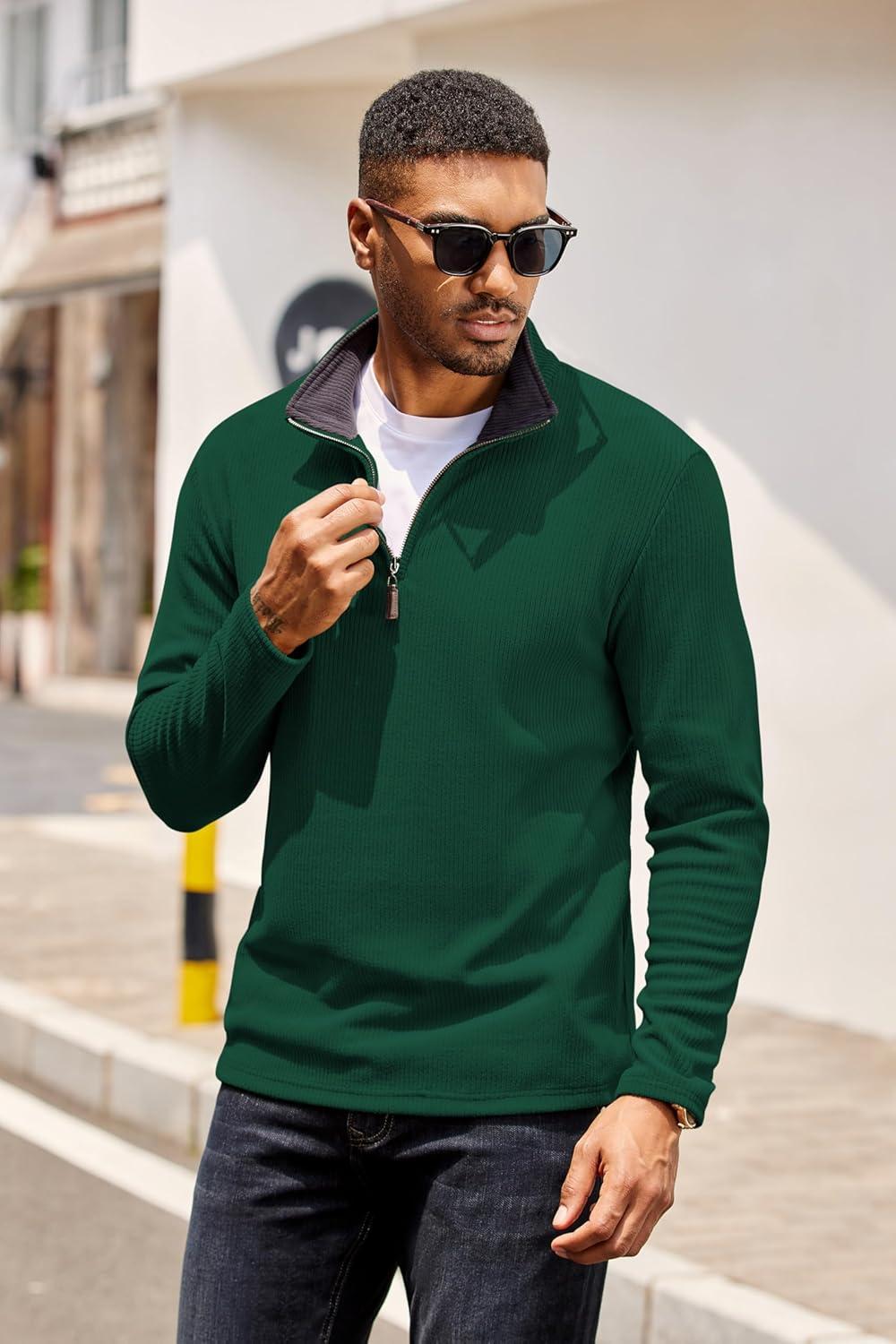 imageCOOFANDY Mens Quarter Zip Pullover Lightweight Sweater Casual Long Sleeve Corduroy Half Zip SweatshirtEver Green