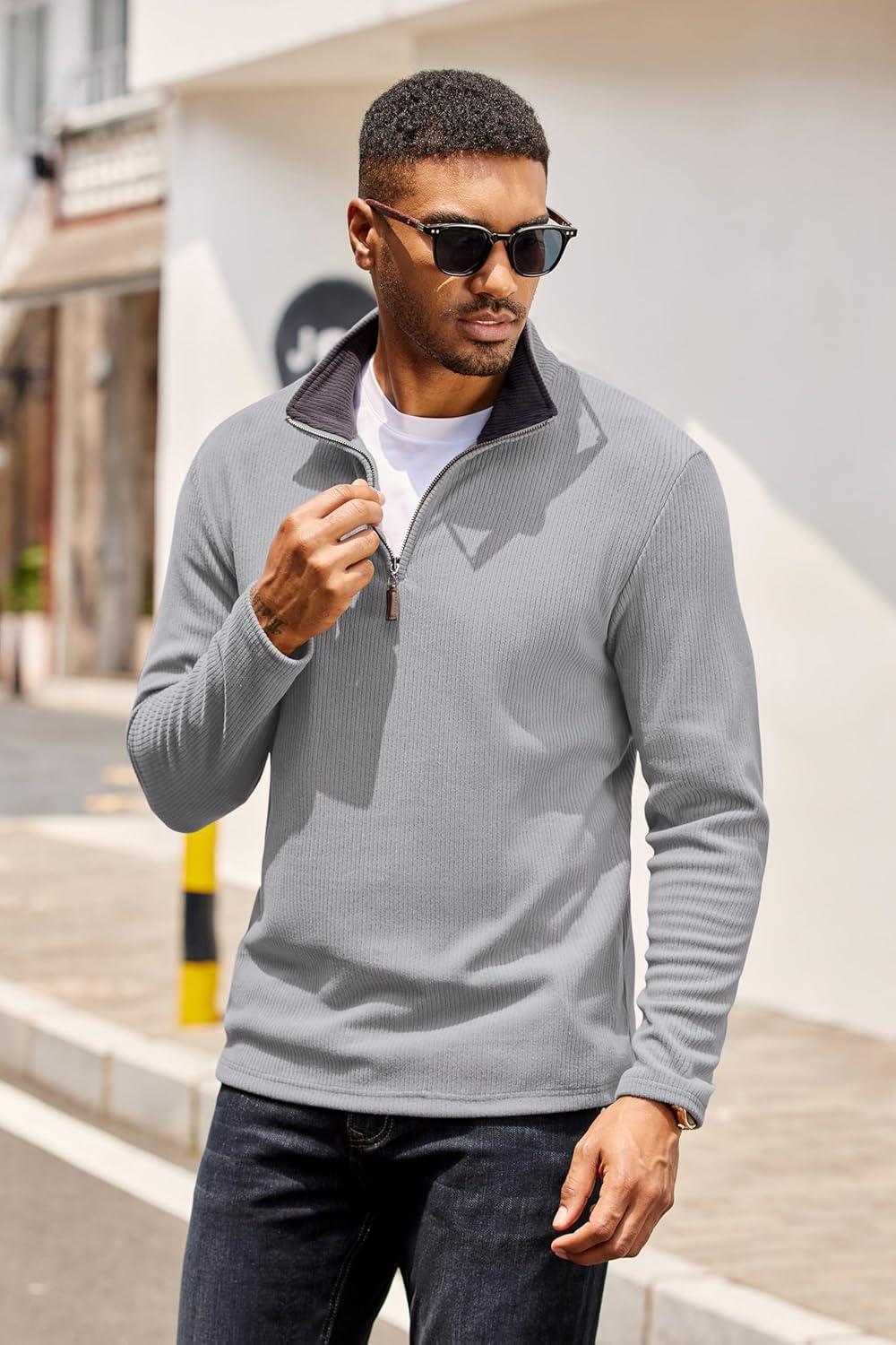 imageCOOFANDY Mens Quarter Zip Pullover Lightweight Sweater Casual Long Sleeve Corduroy Half Zip SweatshirtGray