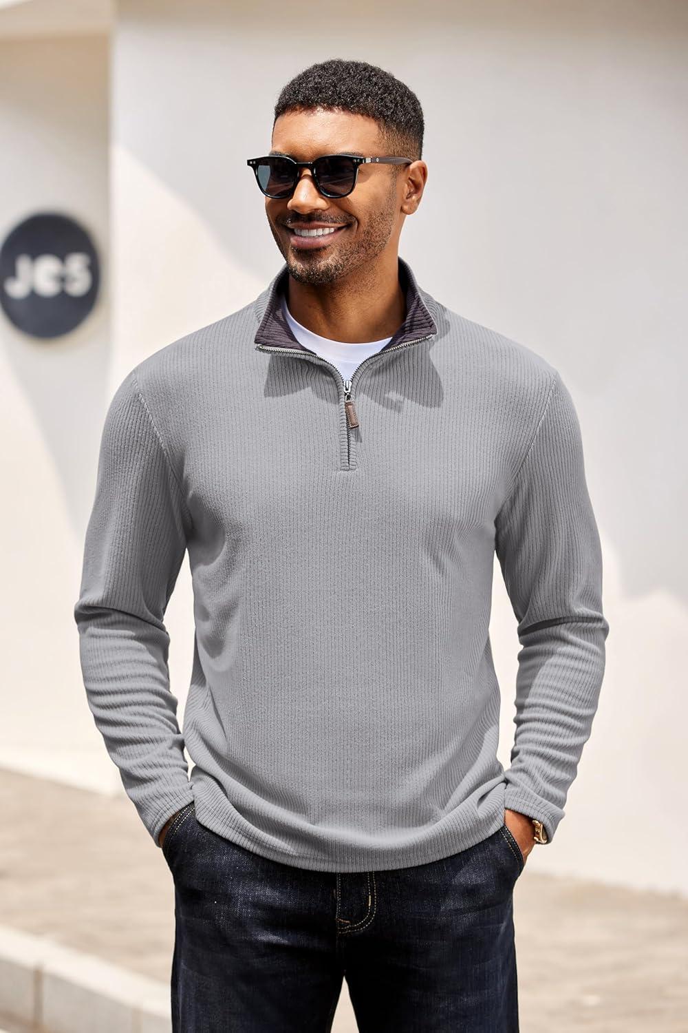 imageCOOFANDY Mens Quarter Zip Pullover Lightweight Sweater Casual Long Sleeve Corduroy Half Zip SweatshirtGray