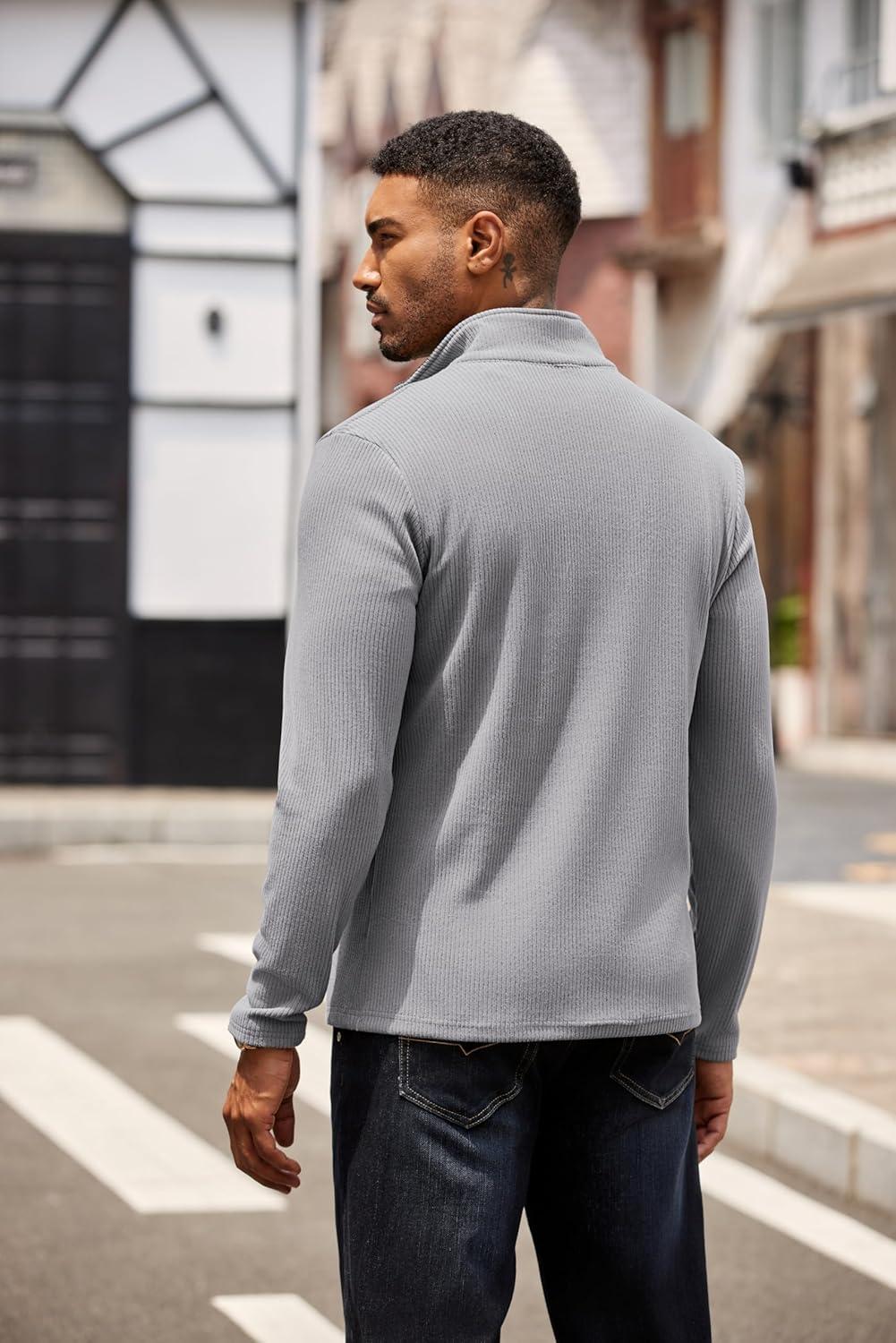 imageCOOFANDY Mens Quarter Zip Pullover Lightweight Sweater Casual Long Sleeve Corduroy Half Zip SweatshirtGray