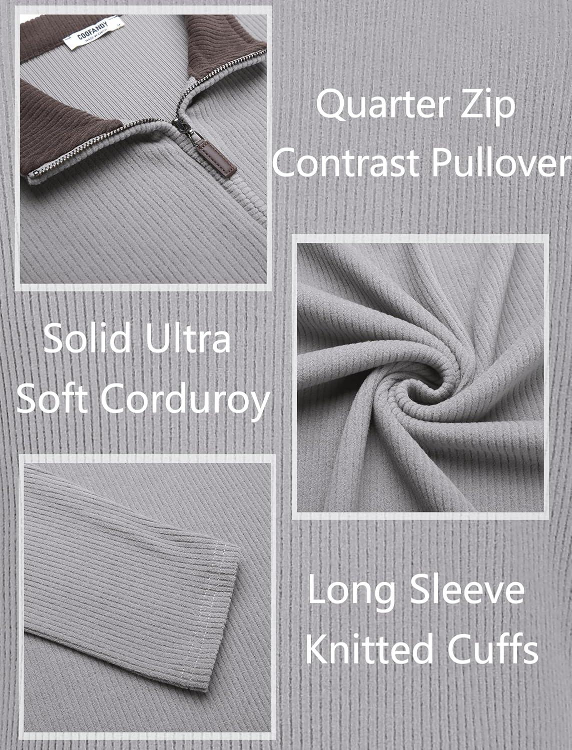 imageCOOFANDY Mens Quarter Zip Pullover Lightweight Sweater Casual Long Sleeve Corduroy Half Zip SweatshirtGray