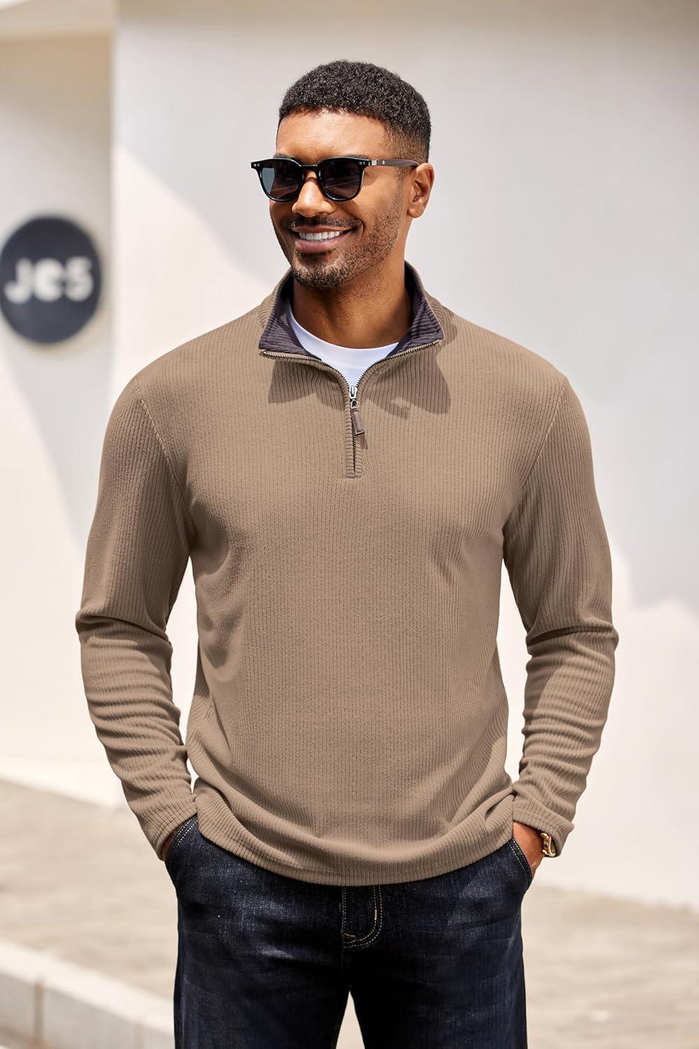 imageCOOFANDY Mens Quarter Zip Pullover Lightweight Sweater Casual Long Sleeve Corduroy Half Zip SweatshirtKhaki