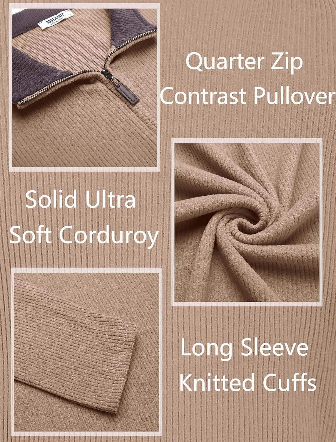 imageCOOFANDY Mens Quarter Zip Pullover Lightweight Sweater Casual Long Sleeve Corduroy Half Zip SweatshirtKhaki