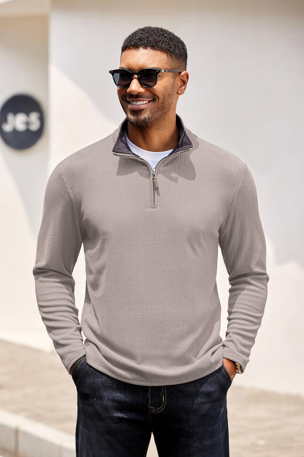 imageCOOFANDY Mens Quarter Zip Pullover Lightweight Sweater Casual Long Sleeve Corduroy Half Zip SweatshirtMoon Gray