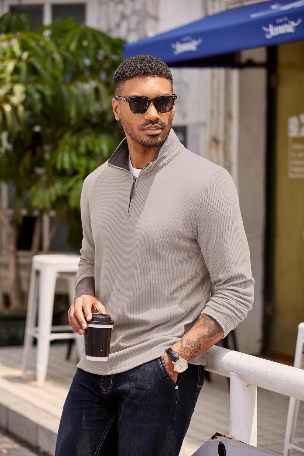 imageCOOFANDY Mens Quarter Zip Pullover Lightweight Sweater Casual Long Sleeve Corduroy Half Zip SweatshirtMoon Gray