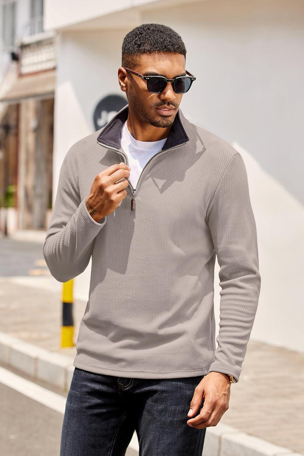 imageCOOFANDY Mens Quarter Zip Pullover Lightweight Sweater Casual Long Sleeve Corduroy Half Zip SweatshirtMoon Gray