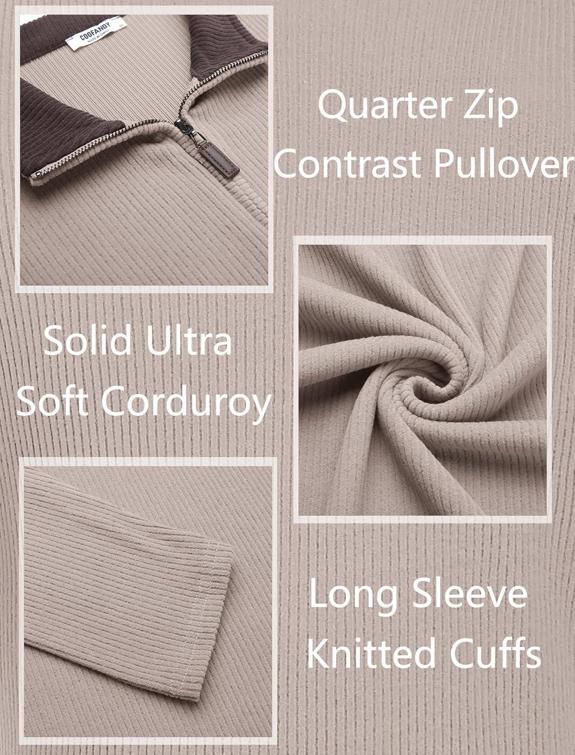 imageCOOFANDY Mens Quarter Zip Pullover Lightweight Sweater Casual Long Sleeve Corduroy Half Zip SweatshirtMoon Gray