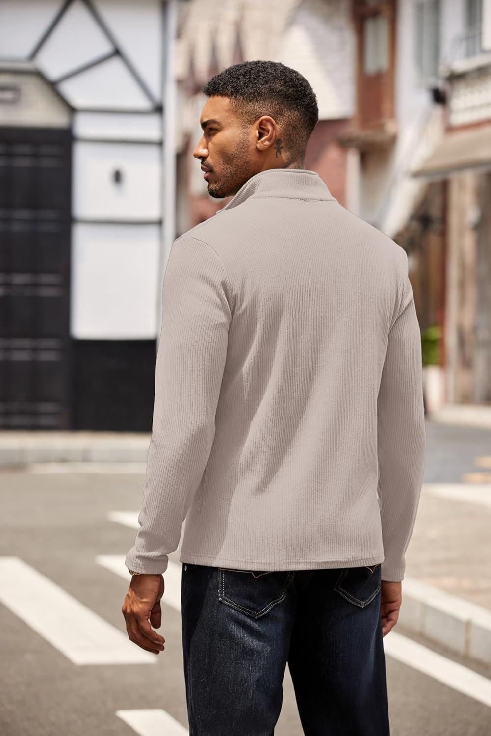 imageCOOFANDY Mens Quarter Zip Pullover Lightweight Sweater Casual Long Sleeve Corduroy Half Zip SweatshirtMoon Gray