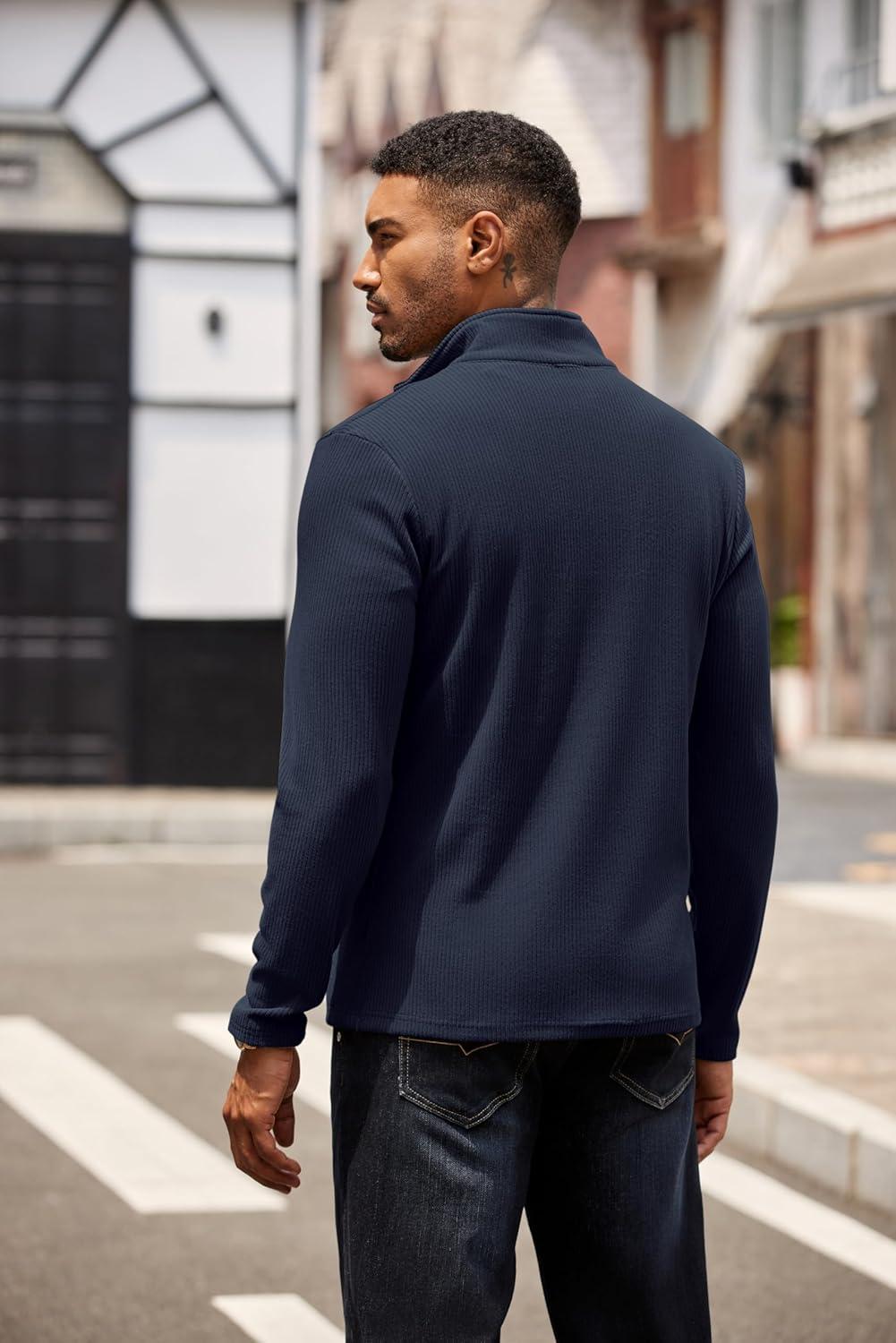 imageCOOFANDY Mens Quarter Zip Pullover Lightweight Sweater Casual Long Sleeve Corduroy Half Zip SweatshirtNavy Blue