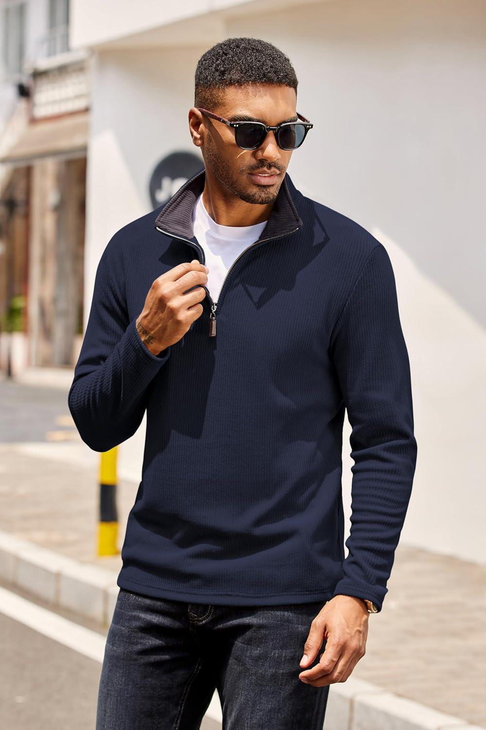 imageCOOFANDY Mens Quarter Zip Pullover Lightweight Sweater Casual Long Sleeve Corduroy Half Zip SweatshirtNavy Blue