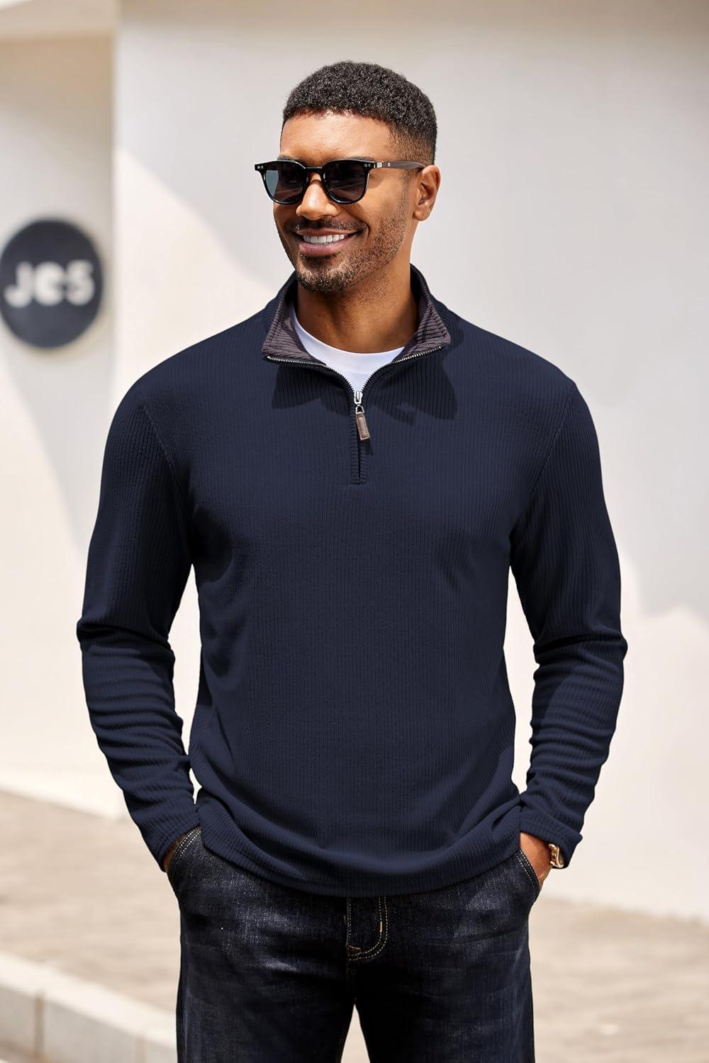 imageCOOFANDY Mens Quarter Zip Pullover Lightweight Sweater Casual Long Sleeve Corduroy Half Zip SweatshirtNavy Blue
