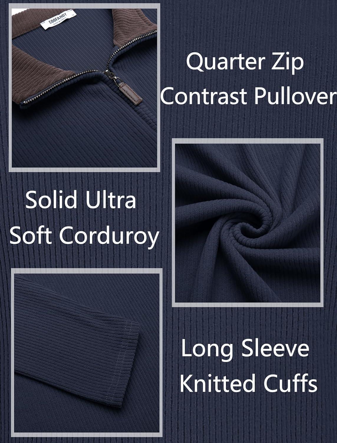 imageCOOFANDY Mens Quarter Zip Pullover Lightweight Sweater Casual Long Sleeve Corduroy Half Zip SweatshirtNavy Blue