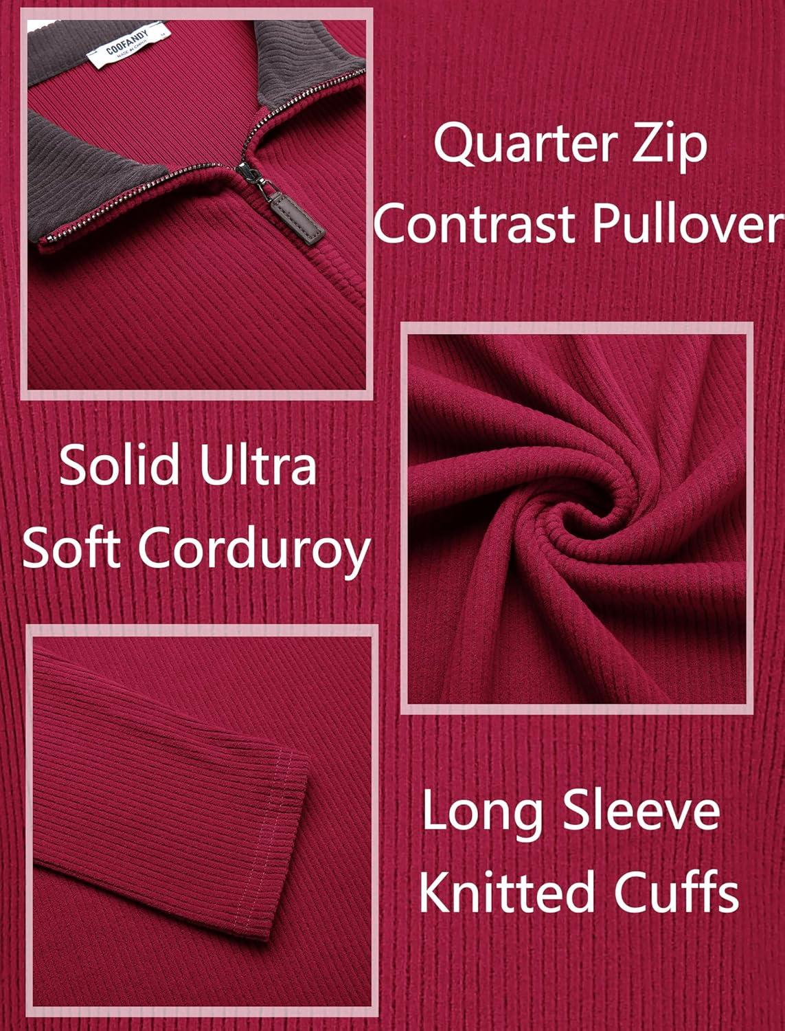 imageCOOFANDY Mens Quarter Zip Pullover Lightweight Sweater Casual Long Sleeve Corduroy Half Zip SweatshirtRed