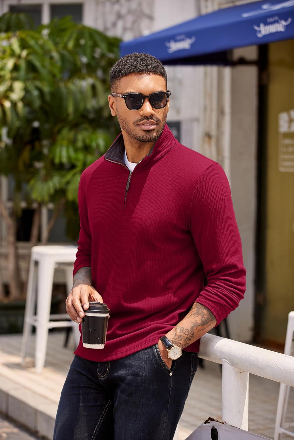imageCOOFANDY Mens Quarter Zip Pullover Lightweight Sweater Casual Long Sleeve Corduroy Half Zip SweatshirtRed