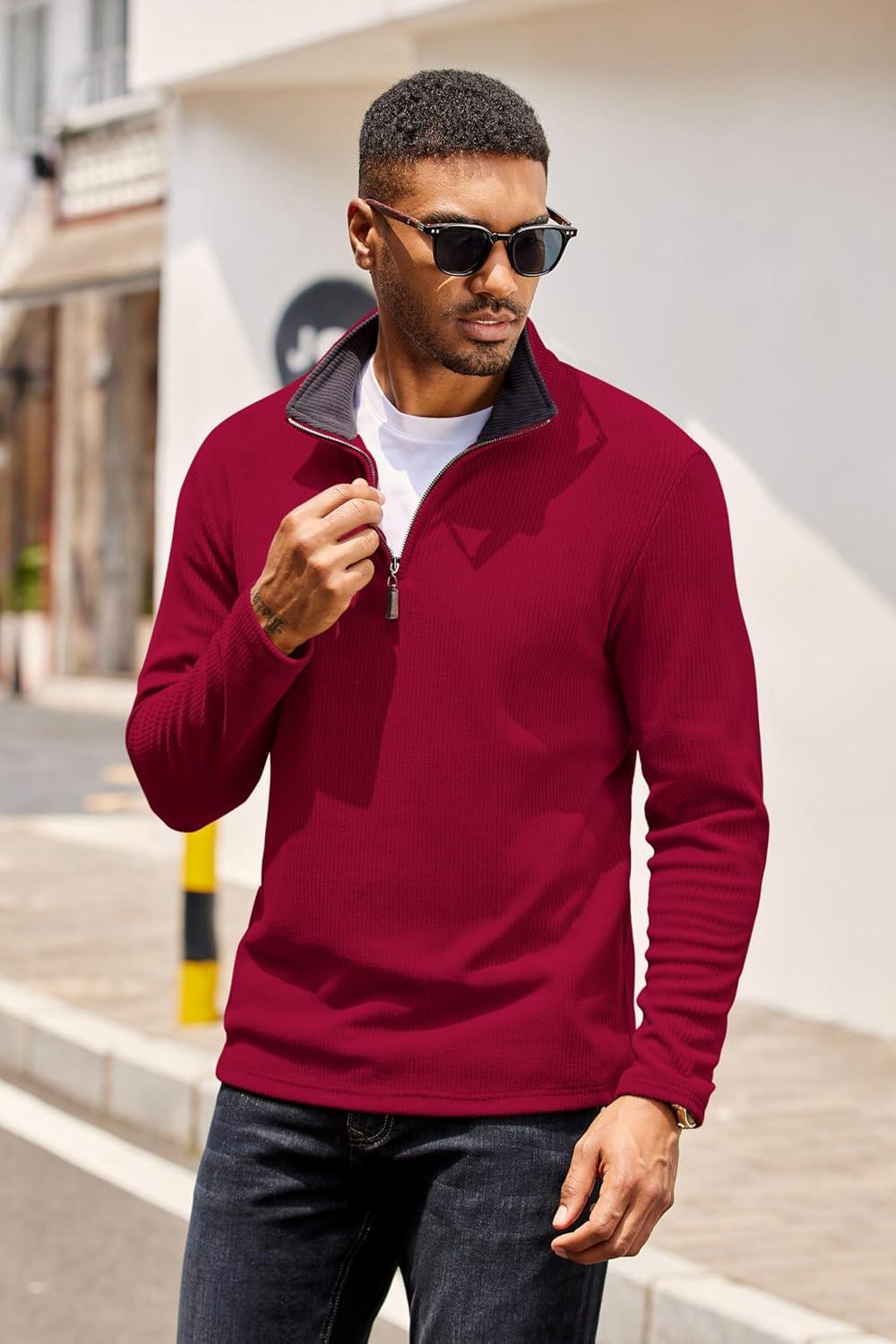 imageCOOFANDY Mens Quarter Zip Pullover Lightweight Sweater Casual Long Sleeve Corduroy Half Zip SweatshirtRed