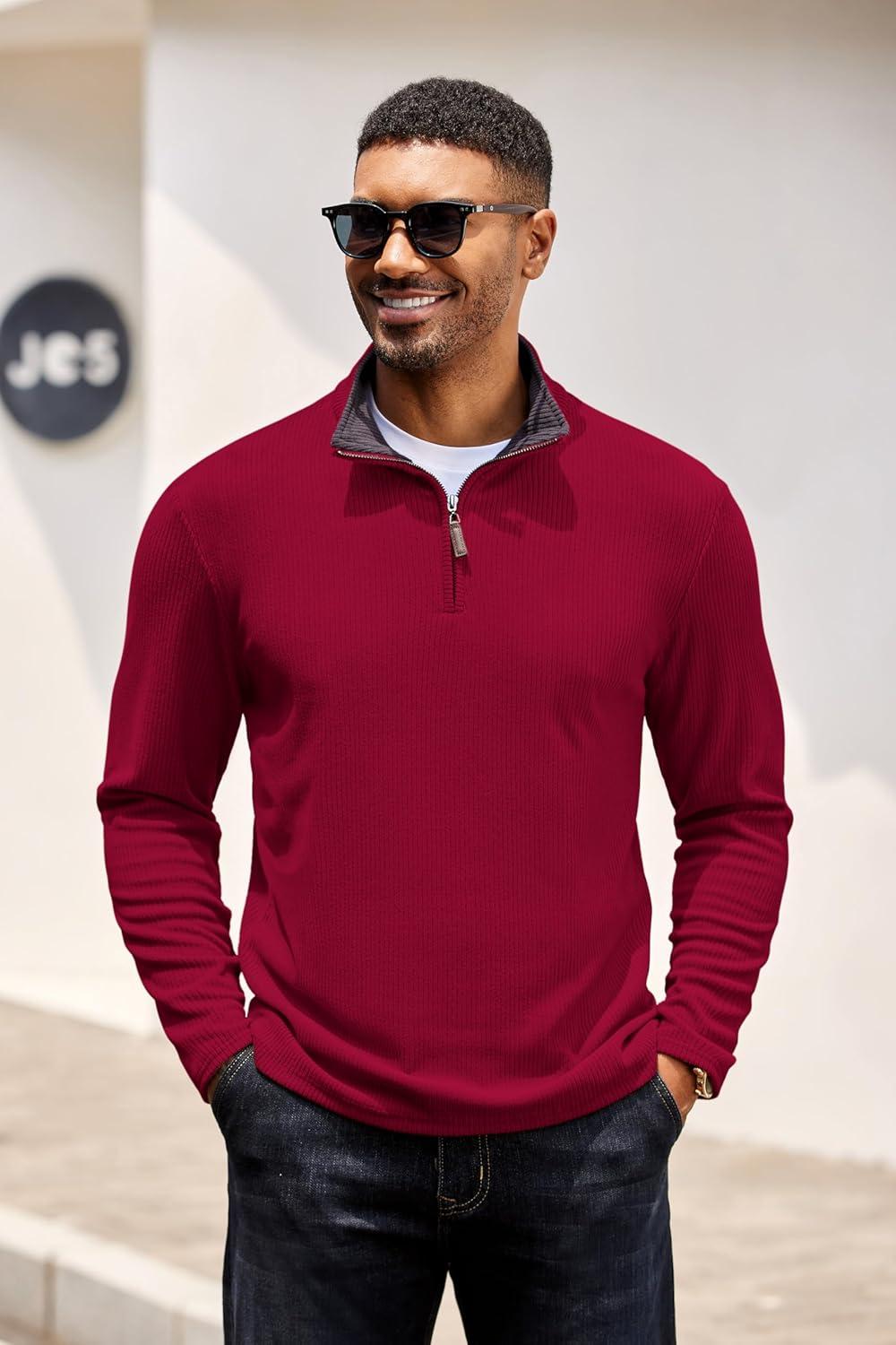 imageCOOFANDY Mens Quarter Zip Pullover Lightweight Sweater Casual Long Sleeve Corduroy Half Zip SweatshirtRed