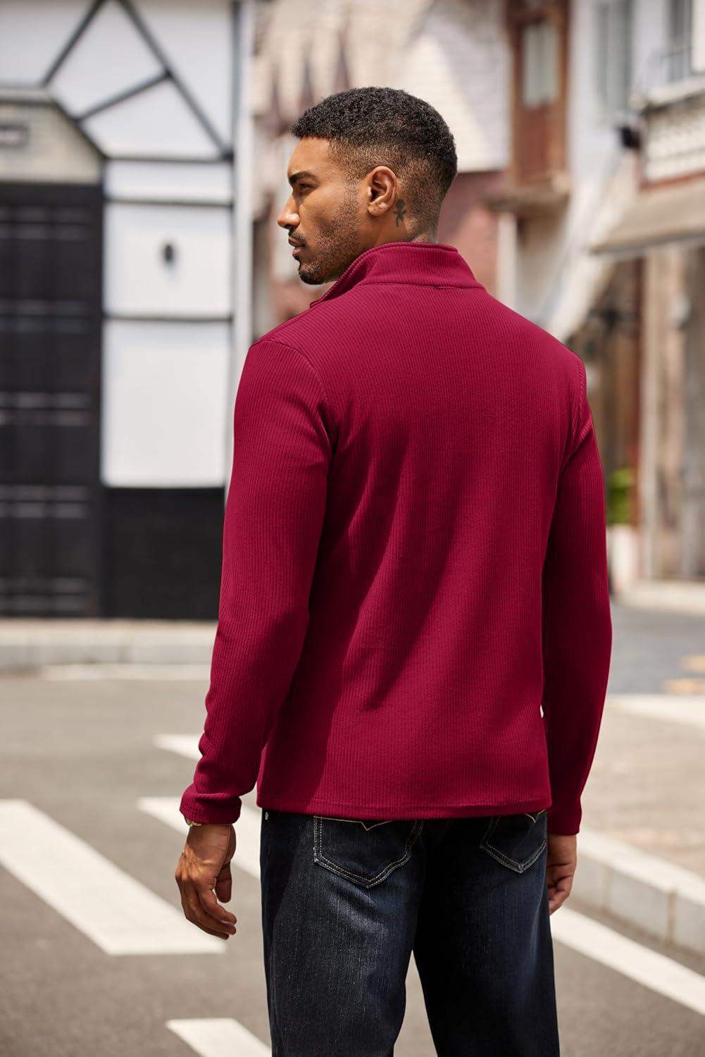 imageCOOFANDY Mens Quarter Zip Pullover Lightweight Sweater Casual Long Sleeve Corduroy Half Zip SweatshirtRed