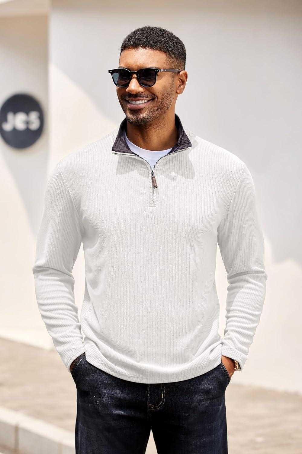 imageCOOFANDY Mens Quarter Zip Pullover Lightweight Sweater Casual Long Sleeve Corduroy Half Zip SweatshirtWhite