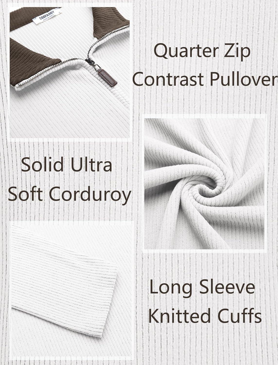 imageCOOFANDY Mens Quarter Zip Pullover Lightweight Sweater Casual Long Sleeve Corduroy Half Zip SweatshirtWhite