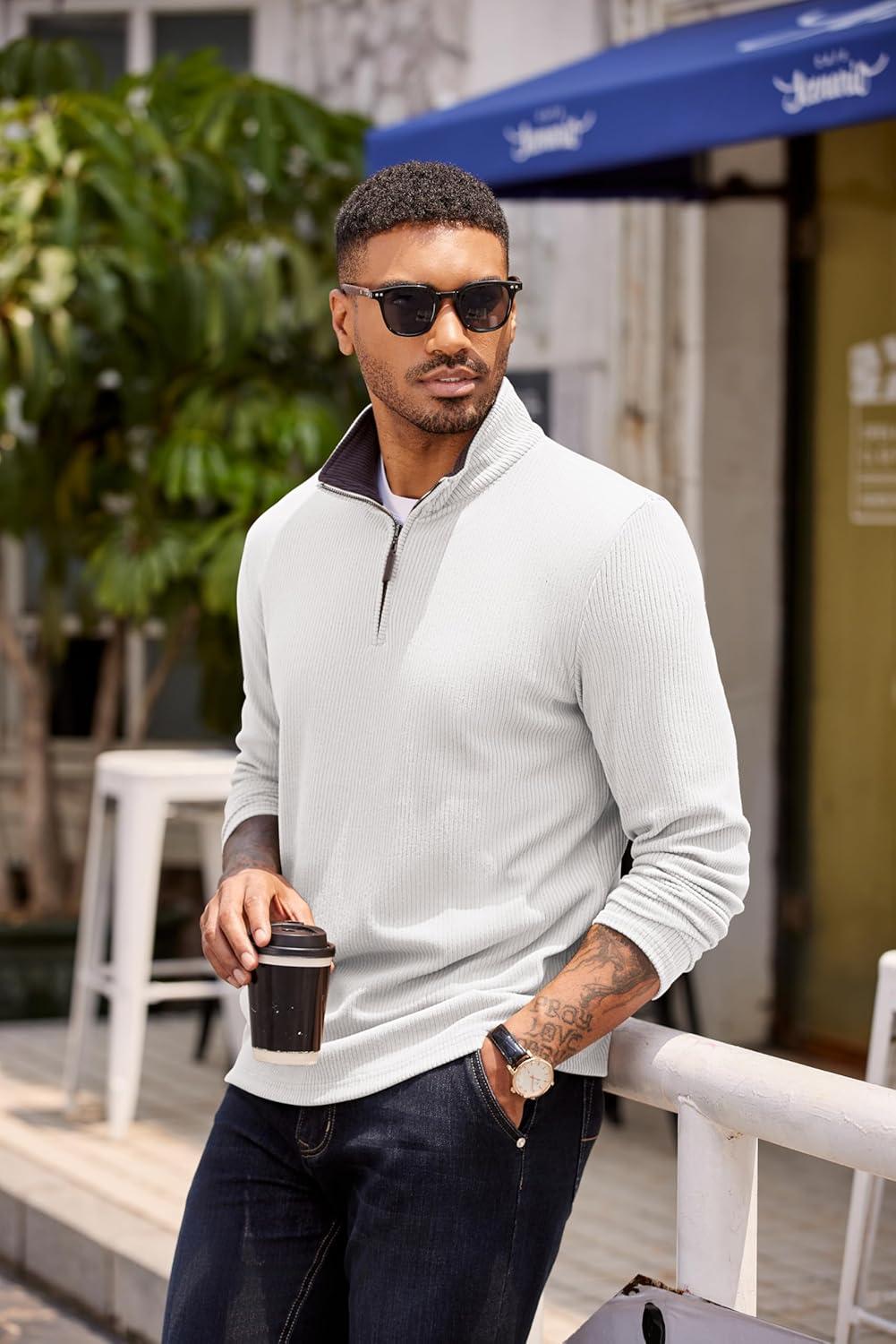 imageCOOFANDY Mens Quarter Zip Pullover Lightweight Sweater Casual Long Sleeve Corduroy Half Zip SweatshirtWhite