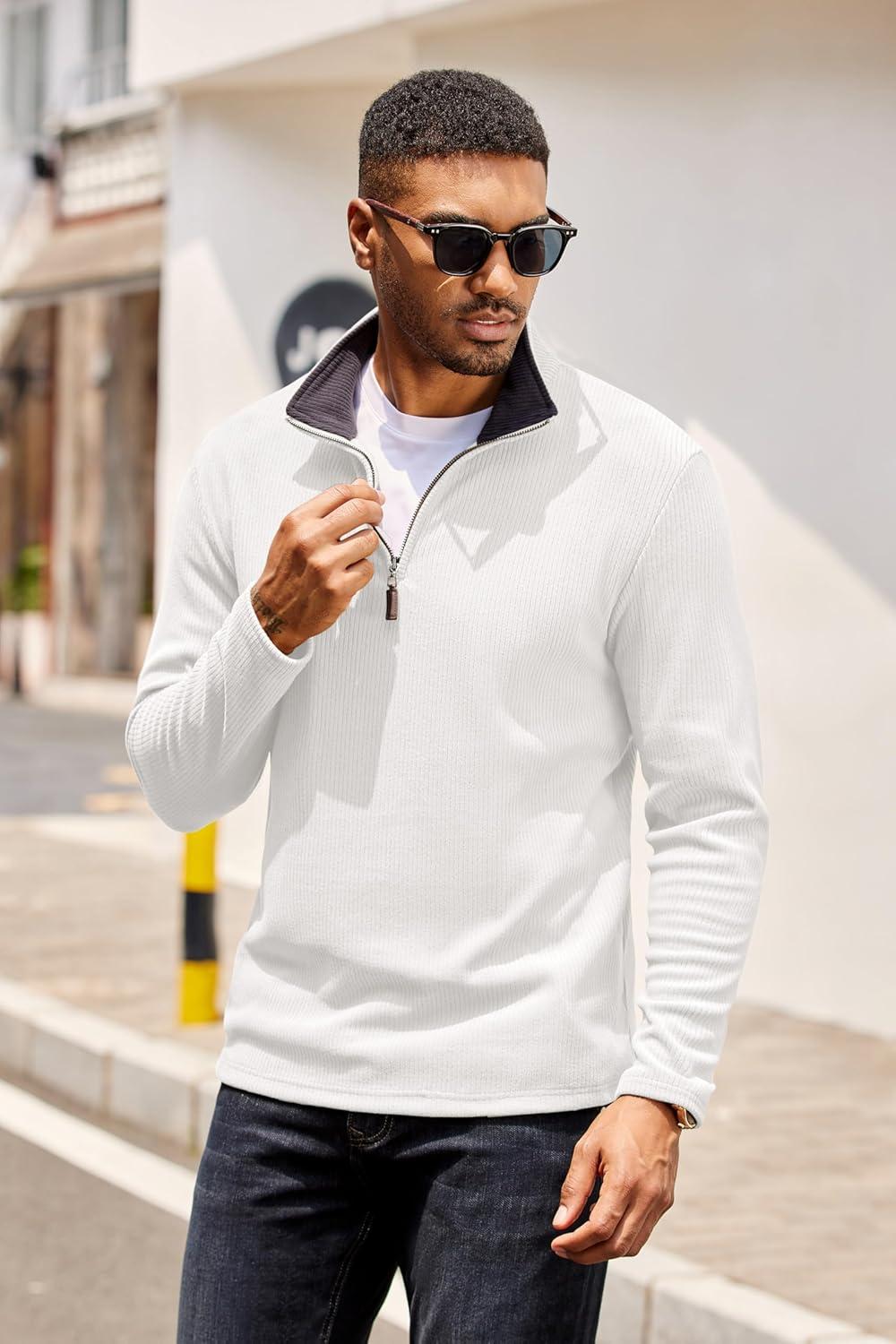 imageCOOFANDY Mens Quarter Zip Pullover Lightweight Sweater Casual Long Sleeve Corduroy Half Zip SweatshirtWhite
