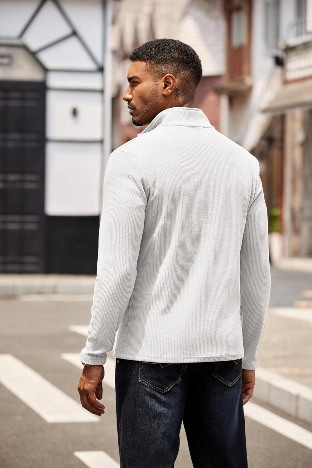 imageCOOFANDY Mens Quarter Zip Pullover Lightweight Sweater Casual Long Sleeve Corduroy Half Zip SweatshirtWhite