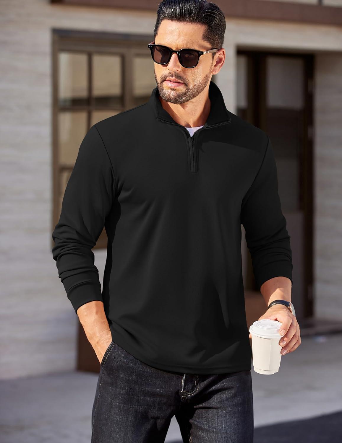 imageCOOFANDY Mens Quarter Zip Pullover Long Sleeve Casual 14 Zip Sweatshirt Lightweight Solid Mock Neck Sweater PoloAll Black