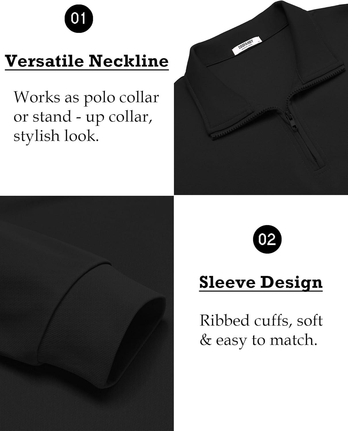 imageCOOFANDY Mens Quarter Zip Pullover Long Sleeve Casual 14 Zip Sweatshirt Lightweight Solid Mock Neck Sweater PoloAll Black