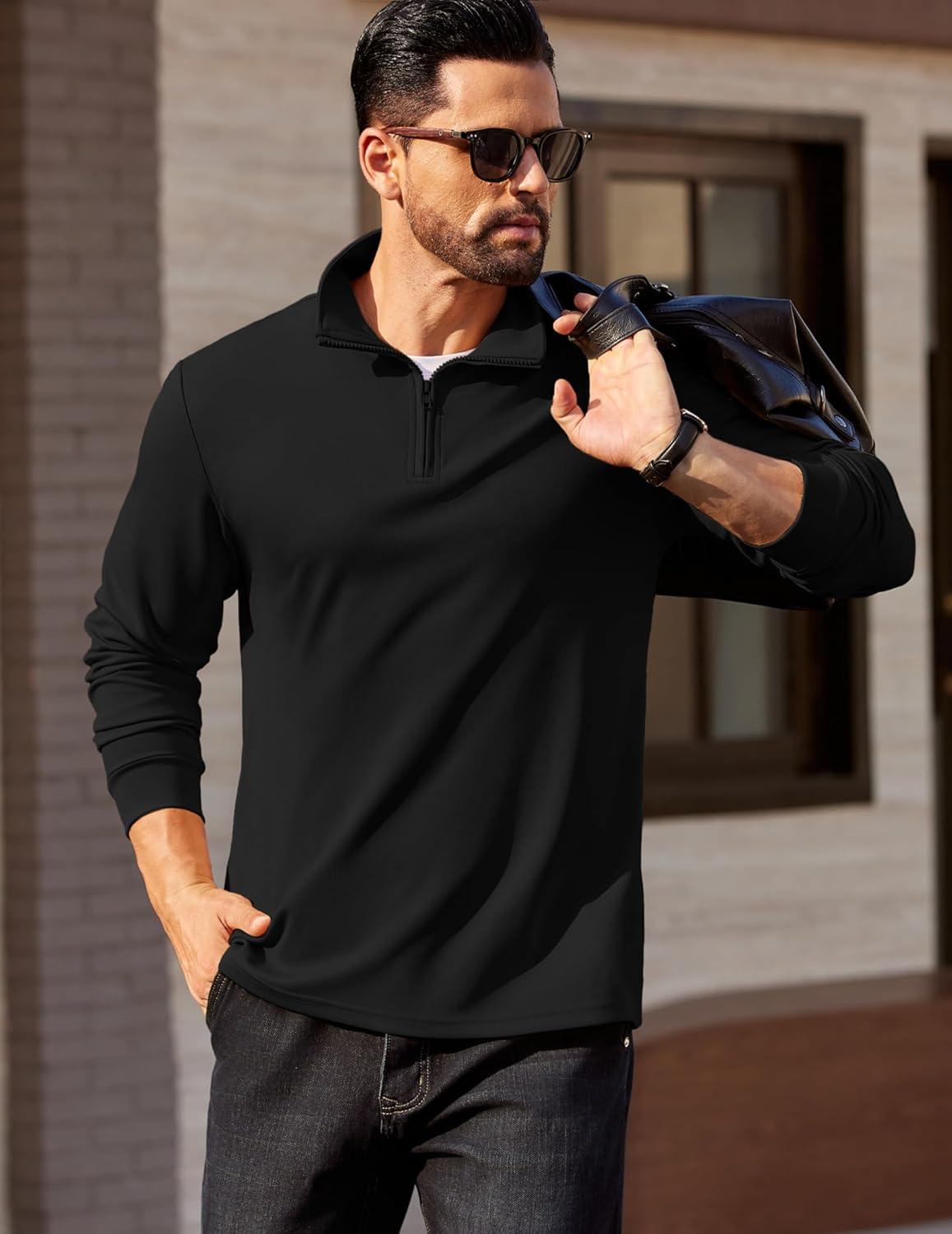 imageCOOFANDY Mens Quarter Zip Pullover Long Sleeve Casual 14 Zip Sweatshirt Lightweight Solid Mock Neck Sweater PoloAll Black