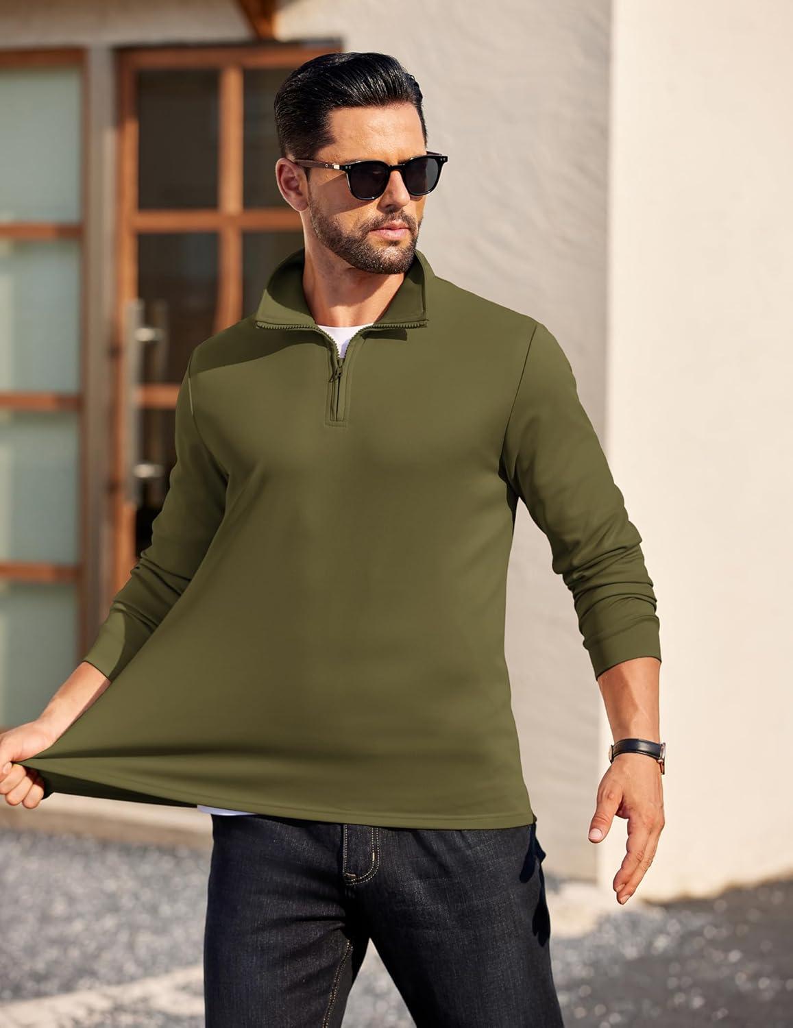 imageCOOFANDY Mens Quarter Zip Pullover Long Sleeve Casual 14 Zip Sweatshirt Lightweight Solid Mock Neck Sweater PoloArmy Green