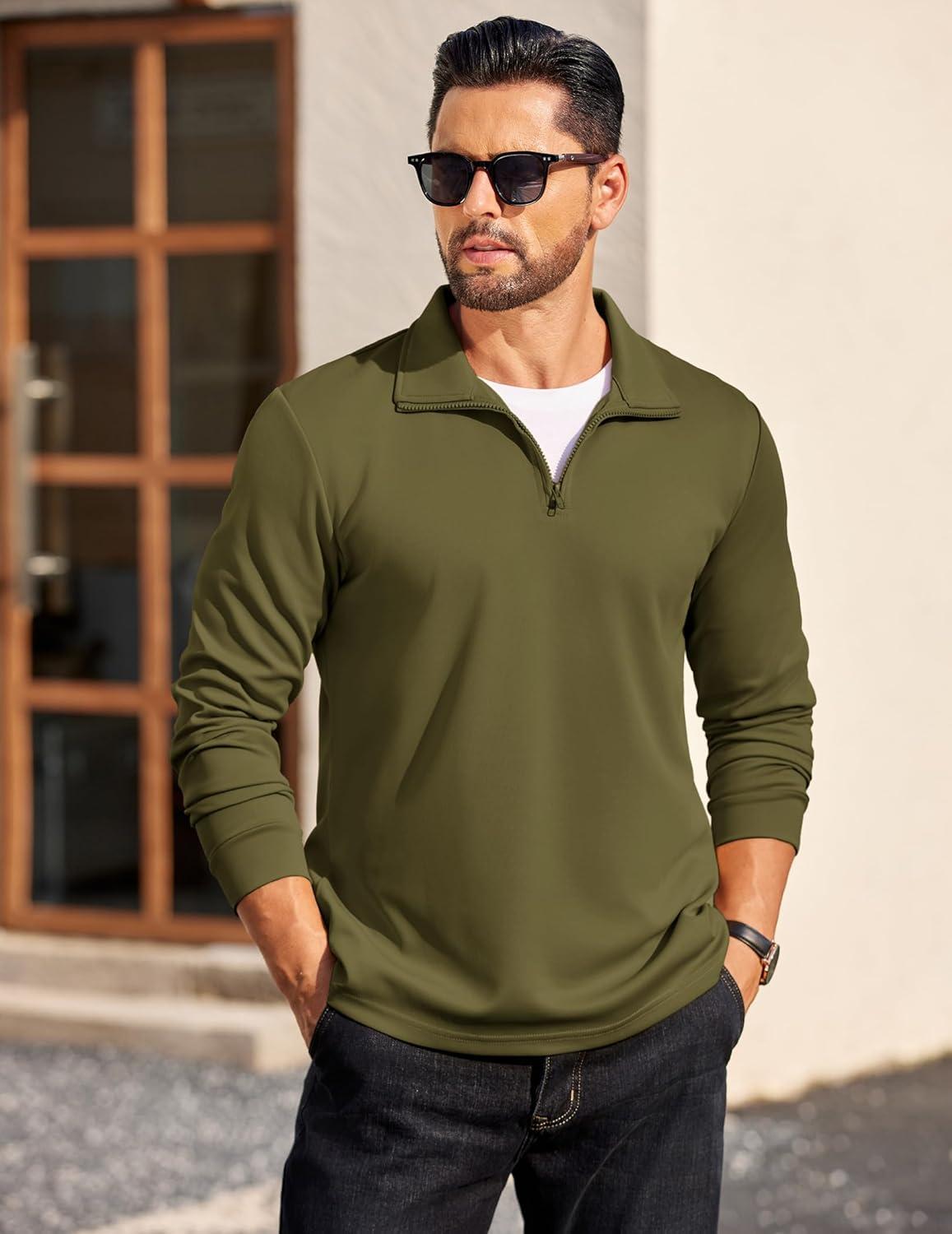 imageCOOFANDY Mens Quarter Zip Pullover Long Sleeve Casual 14 Zip Sweatshirt Lightweight Solid Mock Neck Sweater PoloArmy Green
