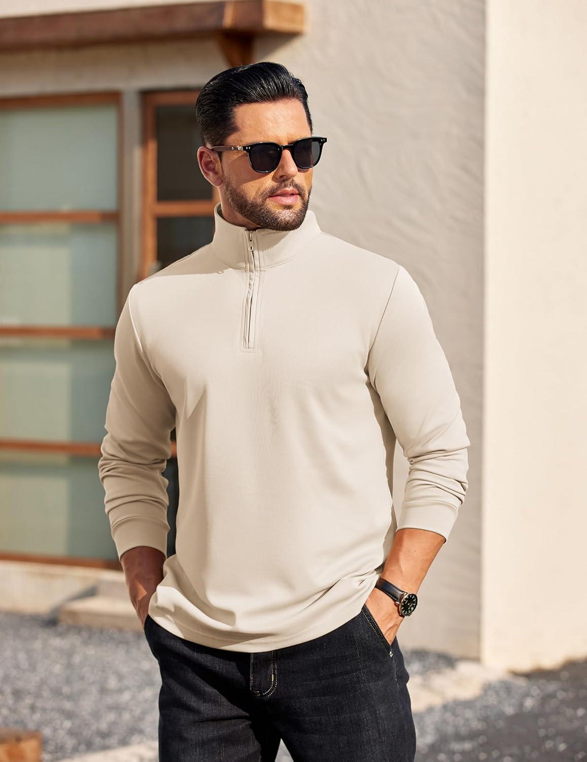 imageCOOFANDY Mens Quarter Zip Pullover Long Sleeve Casual 14 Zip Sweatshirt Lightweight Solid Mock Neck Sweater PoloBeige